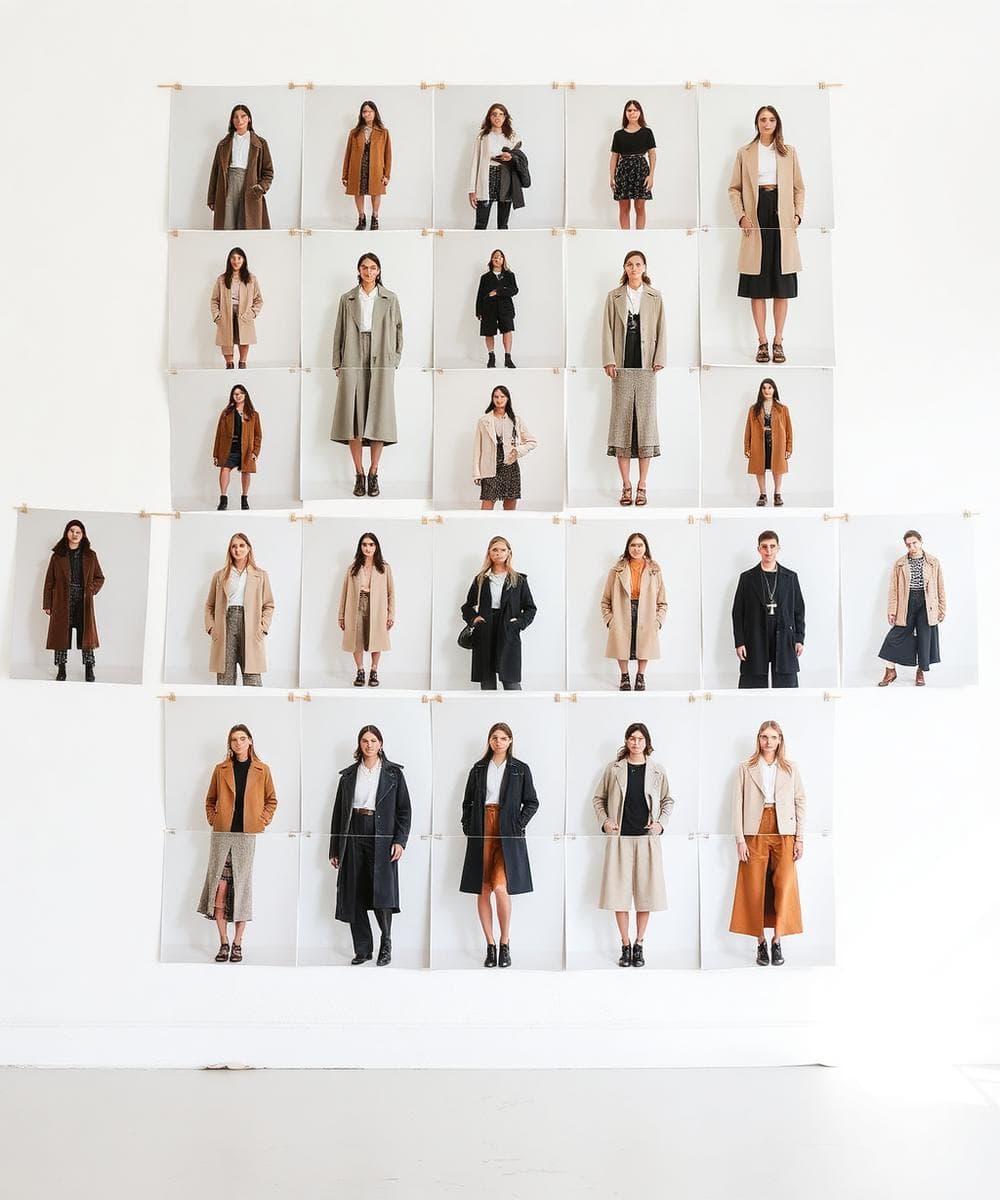 Wall of full-body try-on portraits of the same person in many different outfits