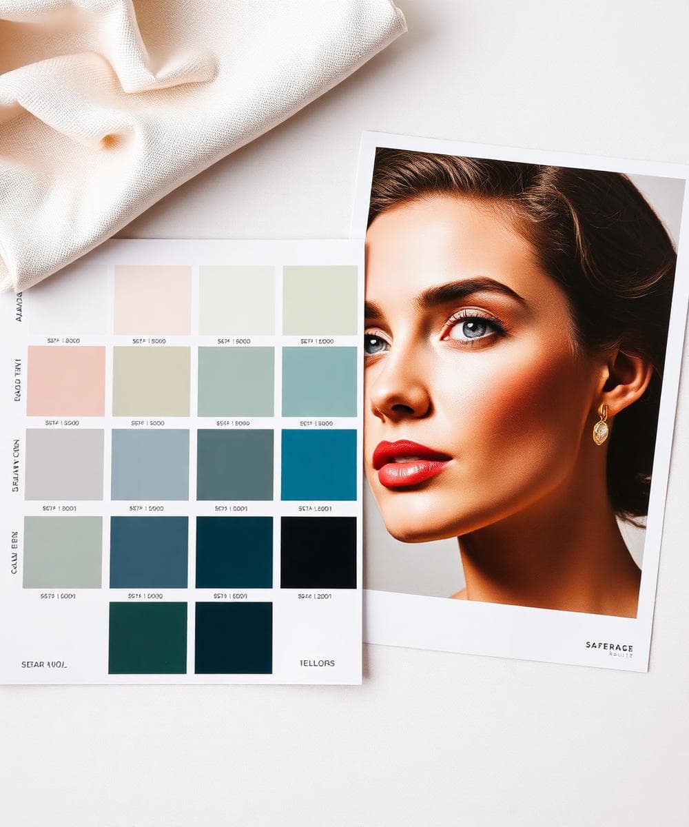 Seasonal colour analysis swatch card laid beside a portrait print