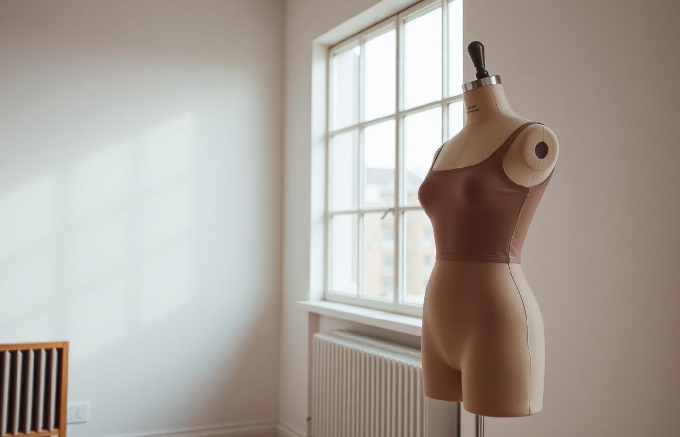 Soft window light on a dress form in a plain room — the light quality to aim for