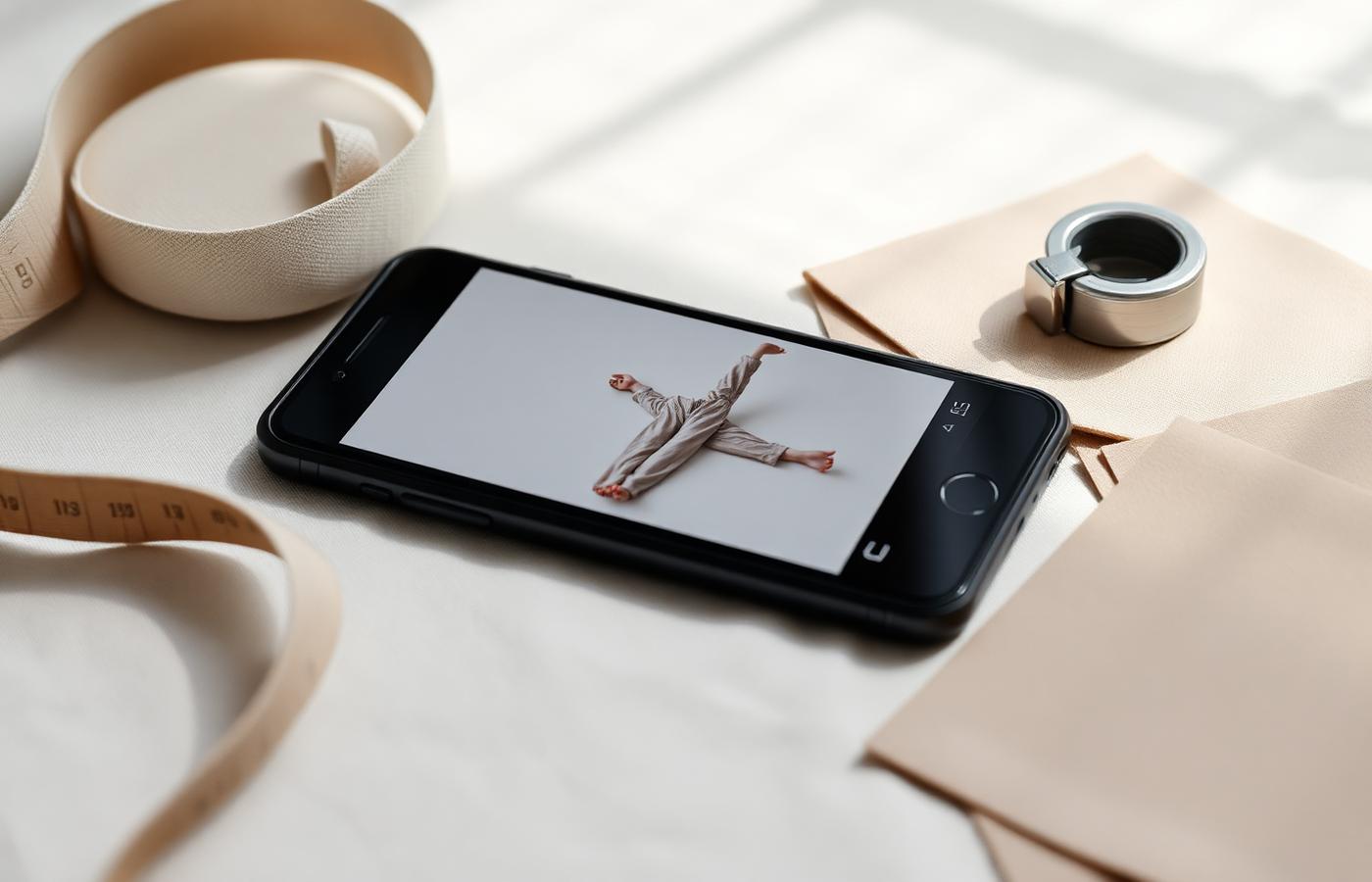 Phone, tape measure and swatches — set the frame before you shoot