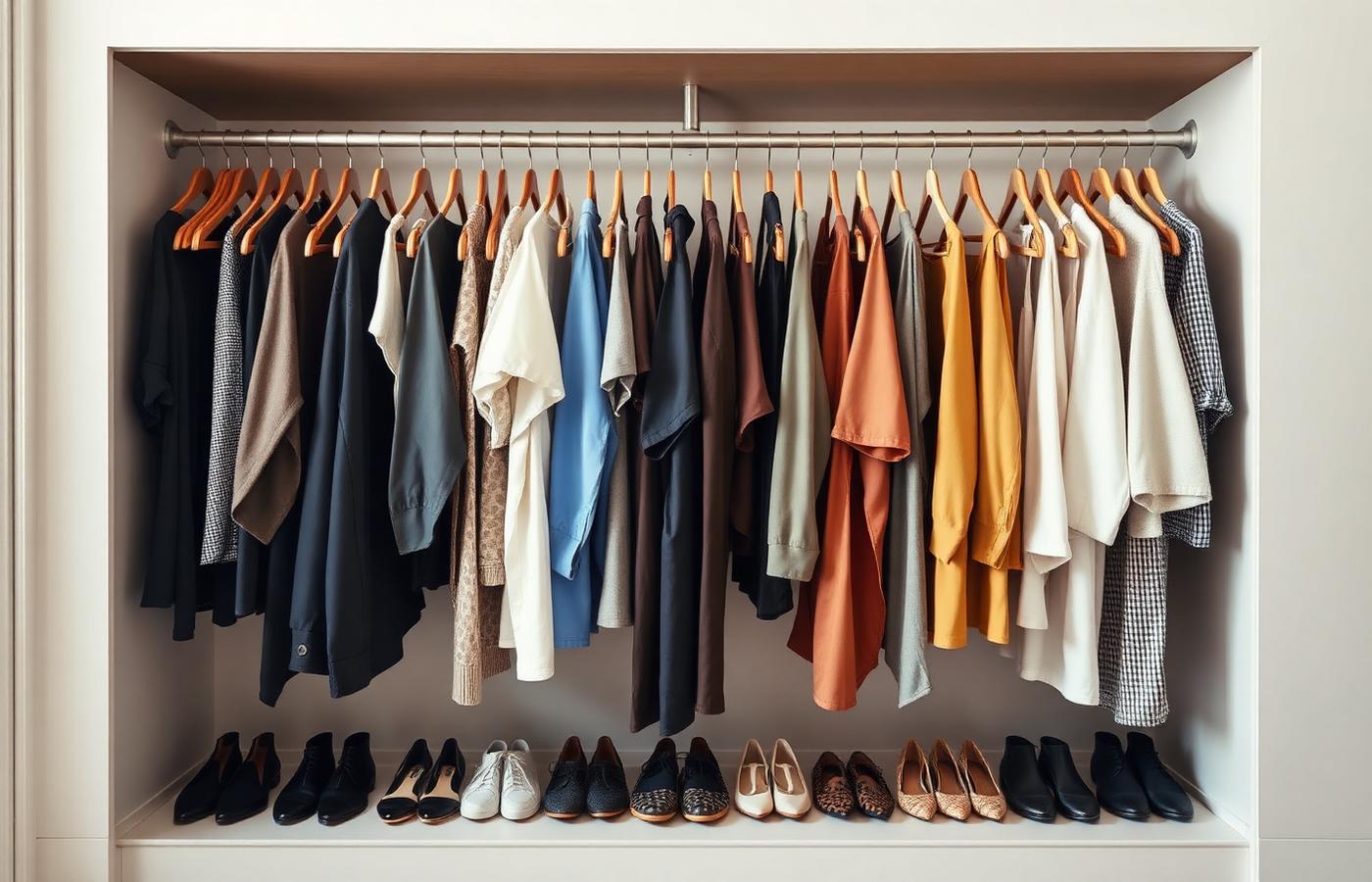 One rail, ordered by category then colour — the shape of a real wardrobe